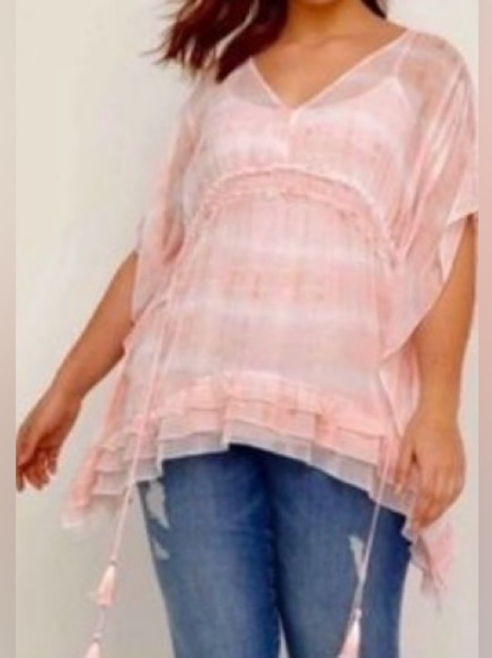 Lane Bryant Sheer Pink and White Striped Drawstring Tunic swimsuit Cover
